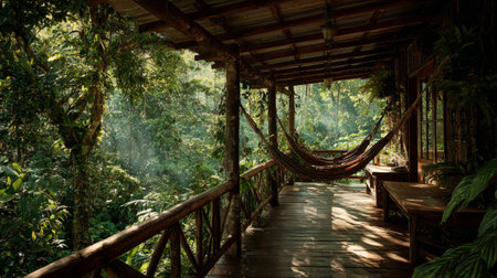 Wooden cabin terrace with hammock in lush jungle, beams of sunlight breaking through canopy, rustic wooden railings framing the greeneryの素材