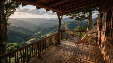 Tranquil wooden cabin deck with hammock, overlooking scenic rolling hills covered in dense greenery, rustic retreat in natureの素材