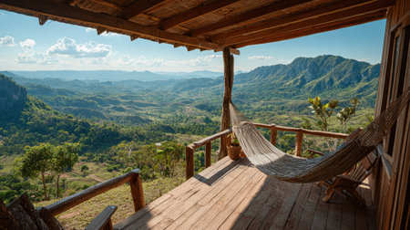 Wooden cabin terrace overlooking scenic valley, hammock gently swaying between wooden posts, panoramic greenery view under blue skiesの素材