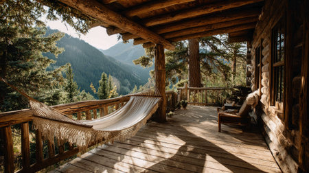 Rustic cabin wooden deck with hammock facing scenic mountain forest, natural wooden beams and lush greenery create a peaceful escapeの素材