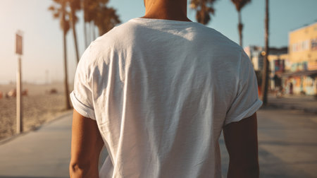 Back-facing view of male model in plain white tee mockup, standing on beach boardwalk under soft sunlightの素材