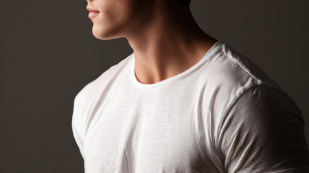 Side profile of male model in crisp white tee mockup, showcasing sleeve fit and clean lines, shot in soft lightingの素材