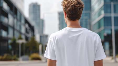 Rear view of male model wearing a white t-shirt mockup, standing outdoors with blurred city in backgroundの素材