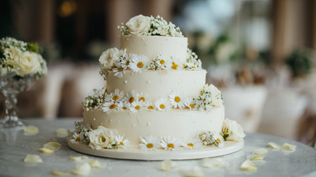 Artistic three-tiered wedding cake, decorated with delicate white roses and daisies, petals scattered for dreamy celebration atmosphereの素材