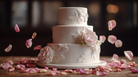 Handcrafted wedding cake with white fondant and floral detailing, three tiers with surrounding scattered rose petalsの素材