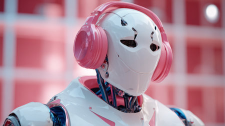 Realistic robot connected to vibrant gaming and shopping streamsの素材