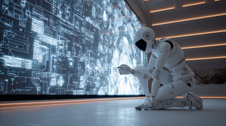 Futuristic white robot interacting with massive animated content projectionの素材