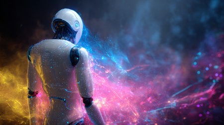 Back view of Caucasian humanoid robot immersed in vibrant holographic stream of multimedia and fintech appsの素材