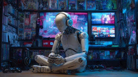 Realistic robot connected to vibrant gaming and shopping streamsの素材