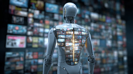 Futuristic robot in silver design seen from behind, glowing data stream filled with TV shows, games, shopping carts, and emojisの素材