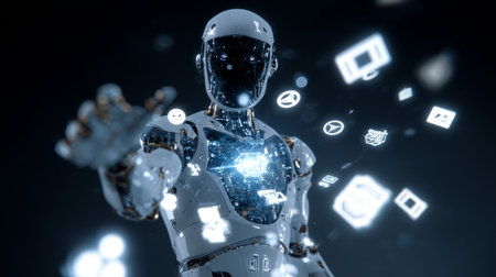 Humanoid Caucasian robot connected to immersive multimedia feed, glowing 3D icons for entertainment, social, and fintech swirling aroundの素材