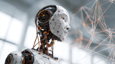 Humanoid robot with human skin tone connected to neon data fieldの素材