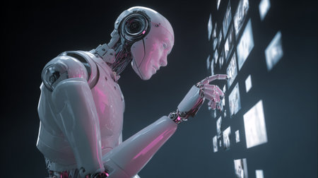 Sleek humanoid robot with human-like Caucasian skin tone browsing floating multimedia icons, animated neon backgroundの素材