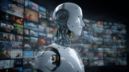Caucasian humanoid robot surrounded by streaming entertainment graphicsの素材