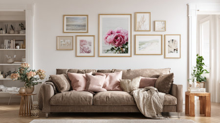 Cozy taupe sofa with dusty rose accents, framed art on white walls, neutral-toned minimalist living room decorの素材