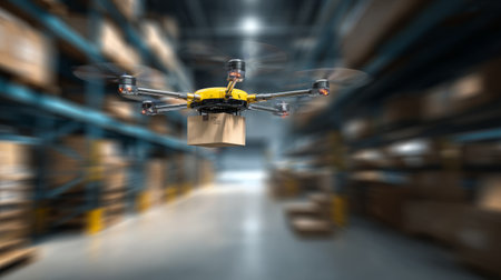 Advanced delivery drone transporting package indoors, warehouse shelves and boxes blurred in background, emphasizing speed and automationの素材