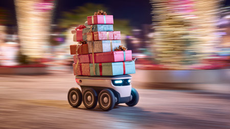 Delivery robot stacked with wrapped presents, navigating through urban streets, motion blur reflecting holiday shopping frenzyの素材