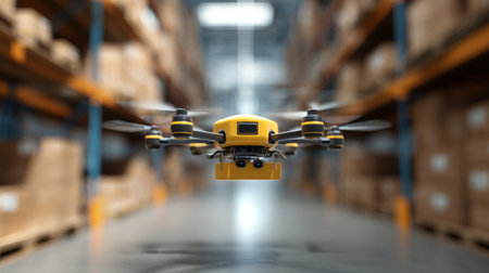 Compact delivery drone hovering above warehouse floor, blurred boxes in distance, representing future of fast, efficient shippingの素材