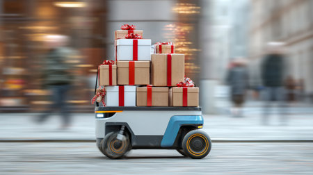 Sleek delivery bot loaded with wrapped Christmas gifts, moving quickly on urban sidewalk, motion blur conveying festive fast-paced logisticsの素材