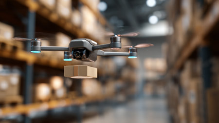 Sleek drone delivering small parcel, warehouse shelves filled with boxes blurred, representing futuristic supply chain efficiencyの素材