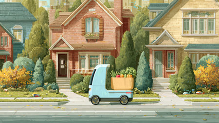 Self-driving delivery bot transporting paper bag of fresh produce, quiet residential street with manicured lawns and cozy homesの素材