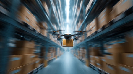 Futuristic warehouse scene with drone carrying package, motion blur on background boxes highlighting efficiency and speedの素材