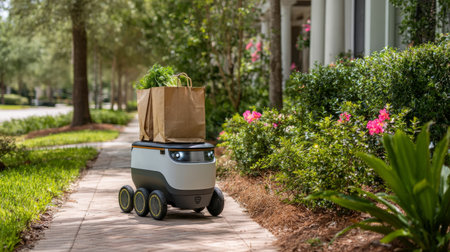 Small self-driving delivery robot carrying groceries in paper bag, peaceful residential neighborhood with lush greeneryの素材