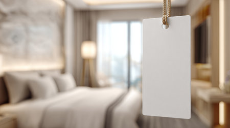 Close-up blank door hanger mockup ready for custom design, blurred luxury hotel room behind, perfect for marketing presentation visualsの素材