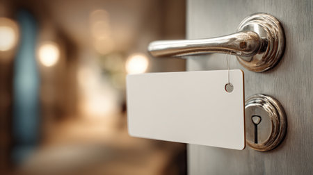 Elegant close-up of blank door hanger on silver hotel door handle, background blurred for focus on design-ready surfaceの素材