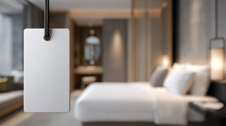 Close-up blank door hanger mockup ready for custom design, blurred luxury hotel room behind, perfect for marketing presentation visualsの素材