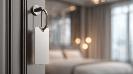 Minimalist door hanger mockup hanging on sleek silver handle, blurred luxury hotel room behind, ideal for brand identity and marketing designの素材
