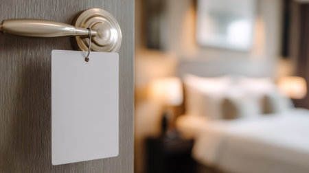Close-up shot of white blank door hanger hanging on elegant handle, background hotel room softly blurred, ideal for marketing mockupsの素材