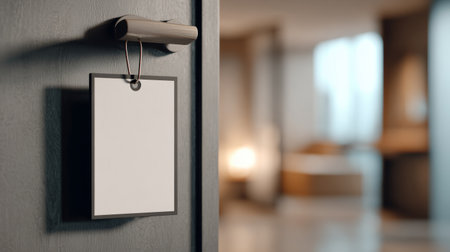 Door hanger mockup for branding displayed on modern hotel door, soft-focus background with neutral tones highlighting the blank spaceの素材