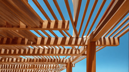 Warm natural wood pergola canopy creating rhythmic shadows, modern outdoor patio design with architectural precision under clear sunny skiesの素材