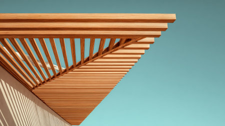 Architectural detail of wooden pergola slats in perfect alignment, soft light and shadows, modern minimalist style captured against serene skyの素材