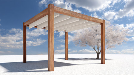 Minimalist outdoor structure with wood beam canopy, functional sunshade blending with nature, elegant design under sunny cloudless skyの素材