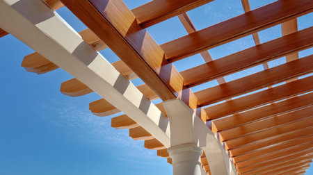 Modern pergola canopy built from smooth wooden beams, symmetrical clean lines, architectural detail highlighted by bright daylight and blue skyの素材