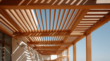 Warm natural wood pergola canopy creating rhythmic shadows, modern outdoor patio design with architectural precision under clear sunny skiesの素材