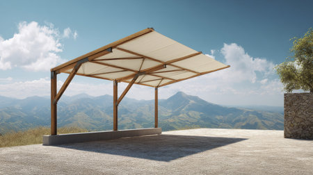Minimalist outdoor structure with wood beam canopy, functional sunshade blending with nature, elegant design under sunny cloudless skyの素材
