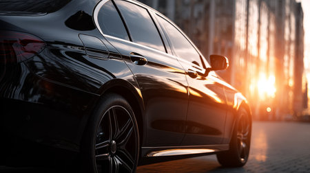 Side view of glossy black premium car, sleek silhouette illuminated by warm sunlight, minimalist city background emphasizing its eleganceの素材
