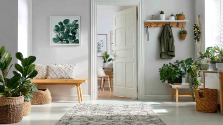 Bright open hallway with modern coat hanger, cozy living area and dining space, stylish houseplants blending with clean minimalist decorの素材