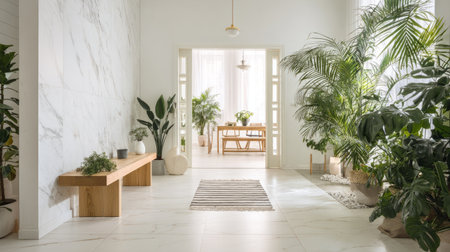 Contemporary interior with minimalist hallway and coat rack, stylish living room and dining table visible, lush plants providing freshnessの素材