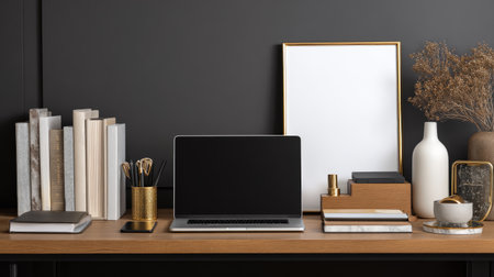 Fancy office corner at home, stylish desk, black mock-up frame, laptop, curated books, desk organizer, modern accessoriesの素材