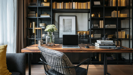 Home office with luxury design, black mock-up frame, wooden desk, modern chair, laptop, books, desk organizer, stylish decor accentsの素材