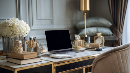 Home office with refined design, commode, modern desk, black mock-up frame, laptop, books, elegant desk organizer, stylish accessoriesの素材