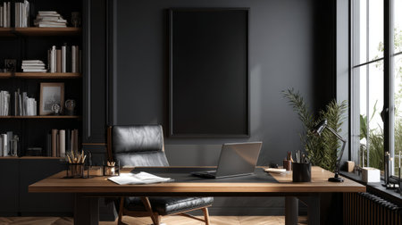 Luxury-inspired home office space, black mock-up poster frame, sleek desk, comfortable chair, laptop, books, desk accessoriesの素材
