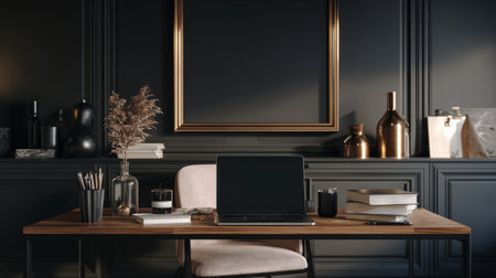 Luxurious home office setup, stylish desk, chair, black mock-up frame, open laptop, book stack, minimal organizer, decorative accessoriesの素材