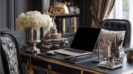 Fancy home workspace, designer desk and chair, commode, black mock-up frame, laptop, desk organizer, refined personal decor accessoriesの素材