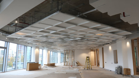 Suspended ceiling tiles being placed, grid system visible, drywall wall finishing in background, contemporary office designの素材