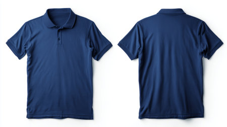 Navy blue polo shirt front and back pair, neatly arranged, wrinkle-free, clean edges, isolated on bright white background, professional studio styleの素材